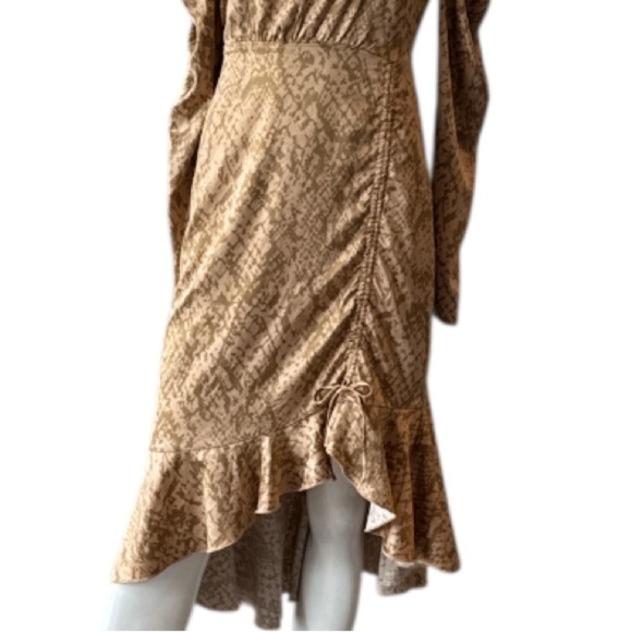 Forever 21 Tan Snake Satin Open Back Ruffled Hi-Low Hem Midi Dress Size S - Picture 6 of 15